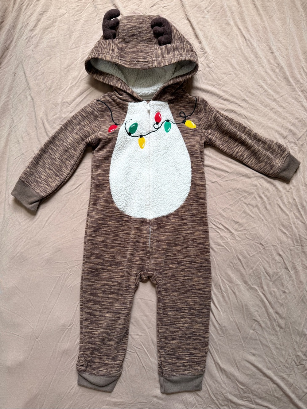 18M🎄 Carter’s Christmas Lights Fleece Reindeer Hooded One Piece Brown Jumpsuit